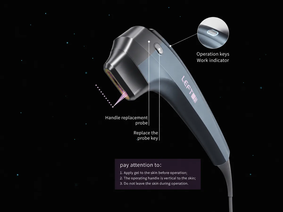 LEFT Superpulse handpiece controls and probe replacement details