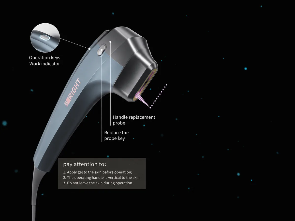RIGHT Superpulse handpiece controls and probe replacement details