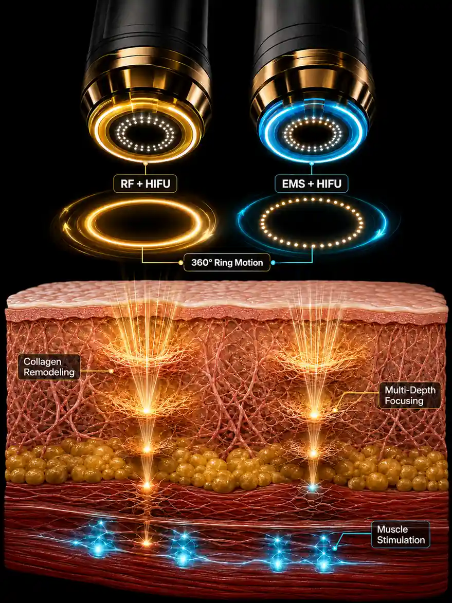 360-degree ring motion diagram showing HIFU, RF and EMS treatment layers