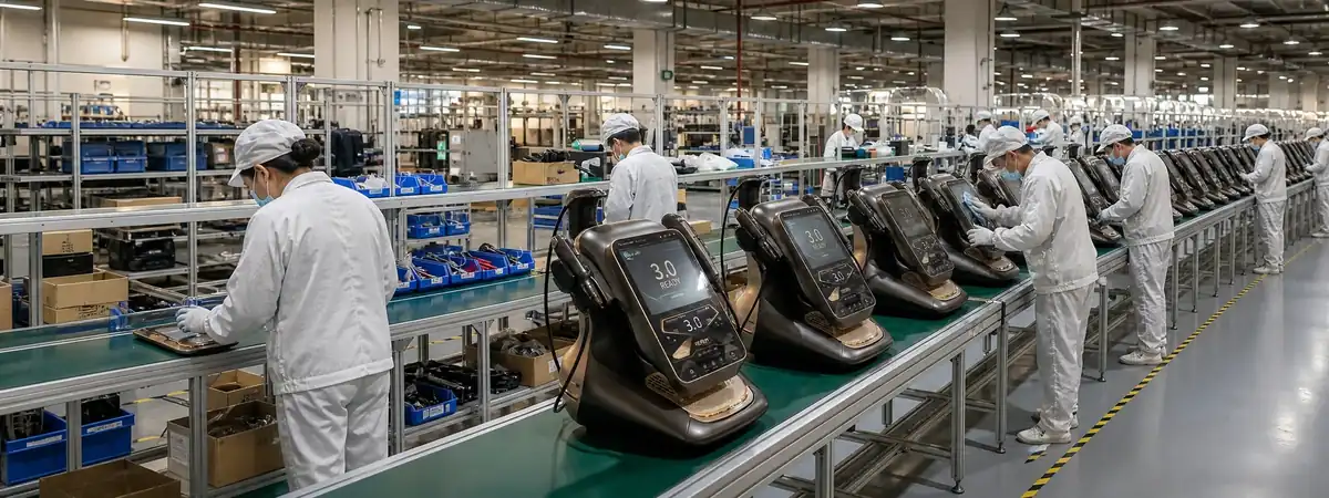 Technicians inspecting professional aesthetic equipment on a production line