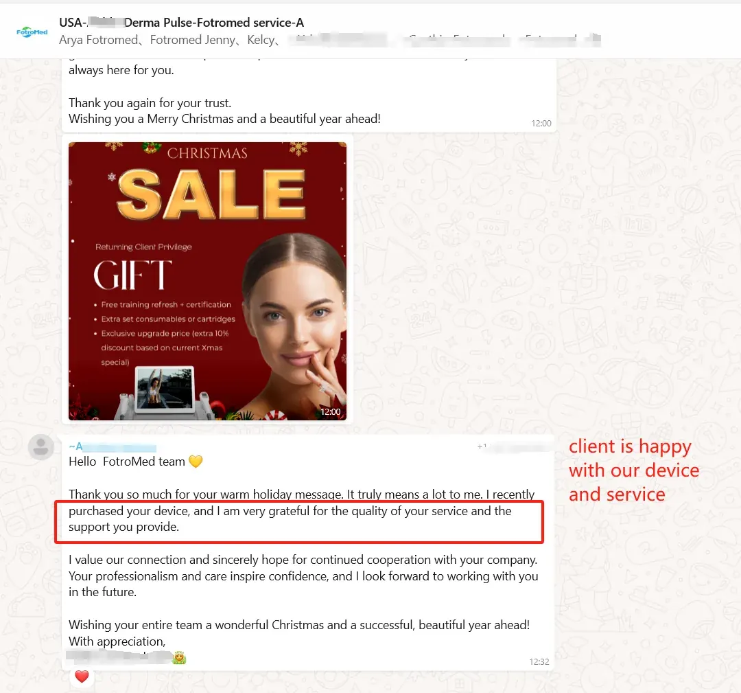 Blurred Derma Pulse customer message praising device quality and Fotromed support