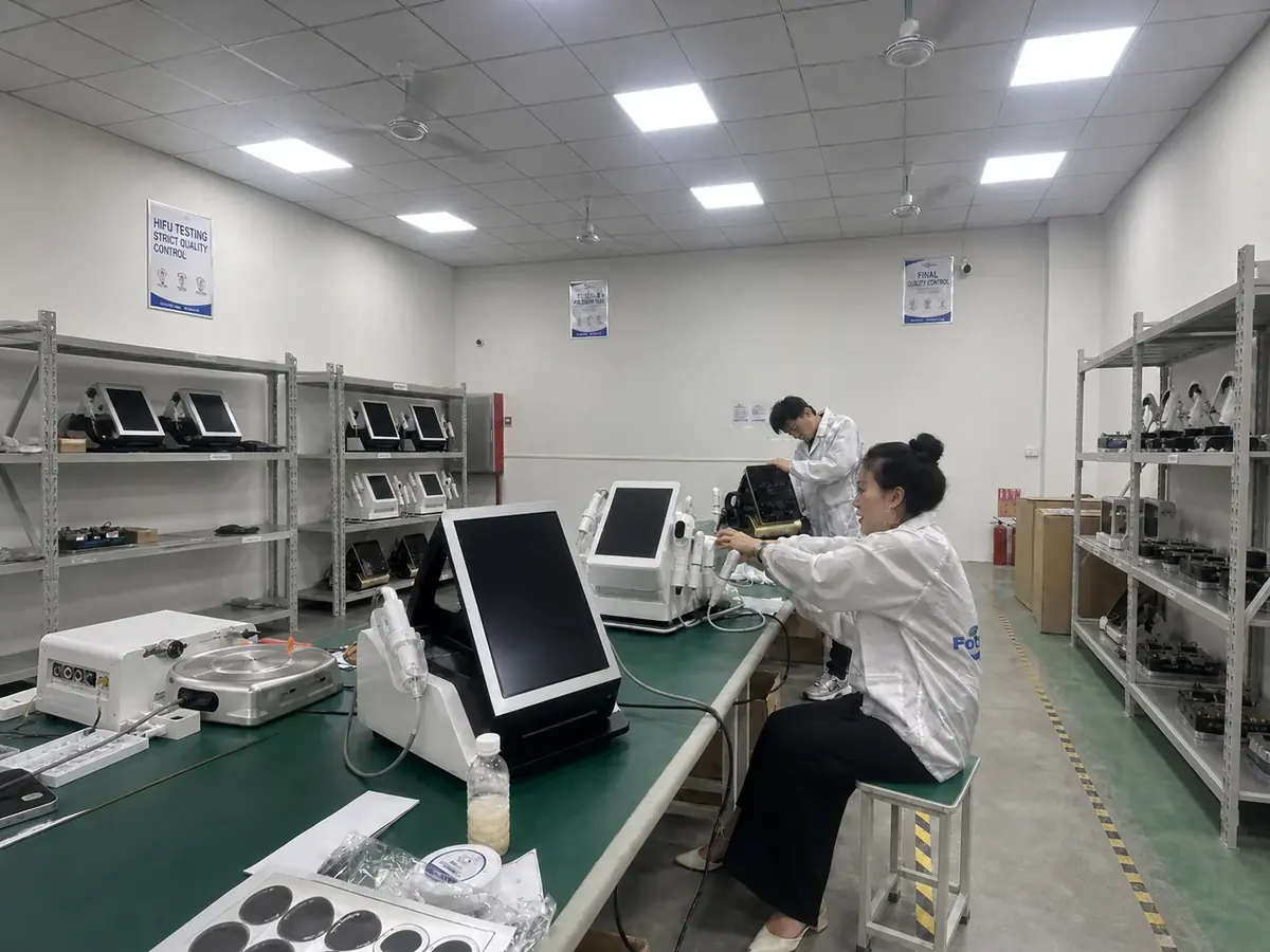 Technicians checking FotroHIFU machines during function and energy testing