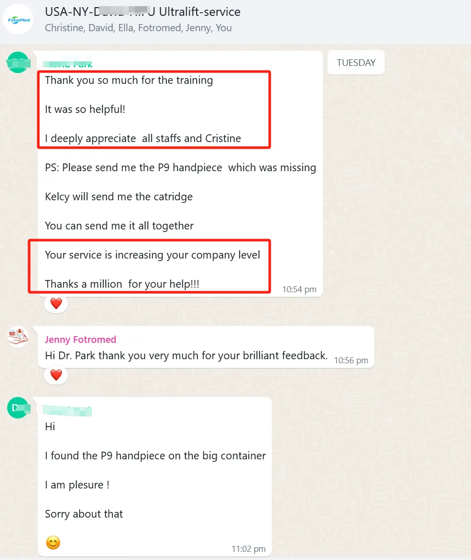 Blurred UltraLift customer conversation thanking Fotromed for helpful training