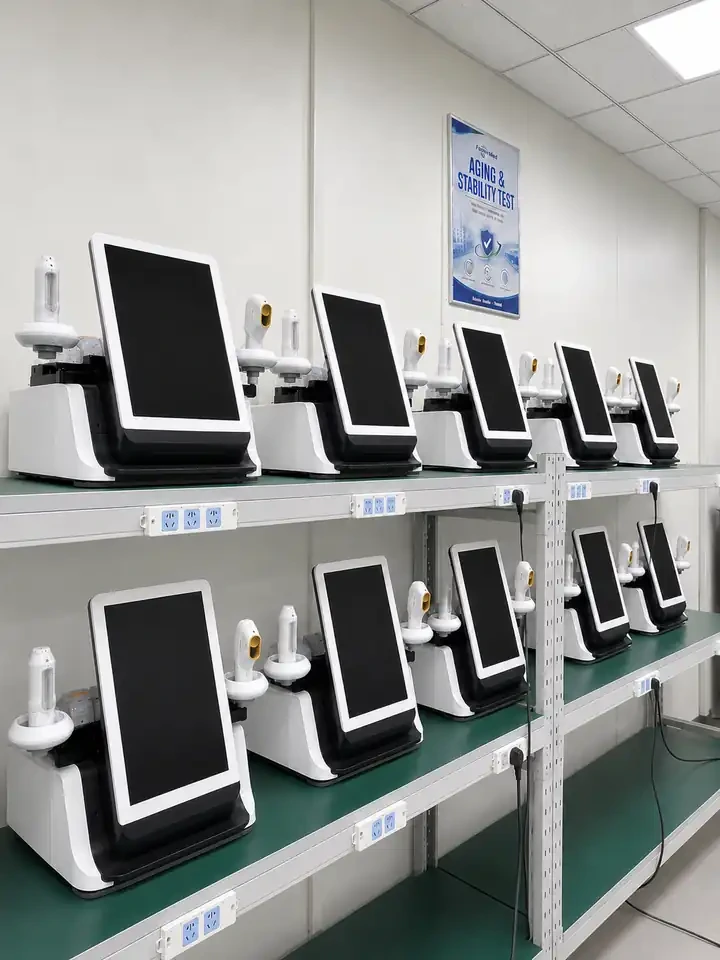FotroHIFU HIFU machines undergoing aging and stability testing on workshop racks