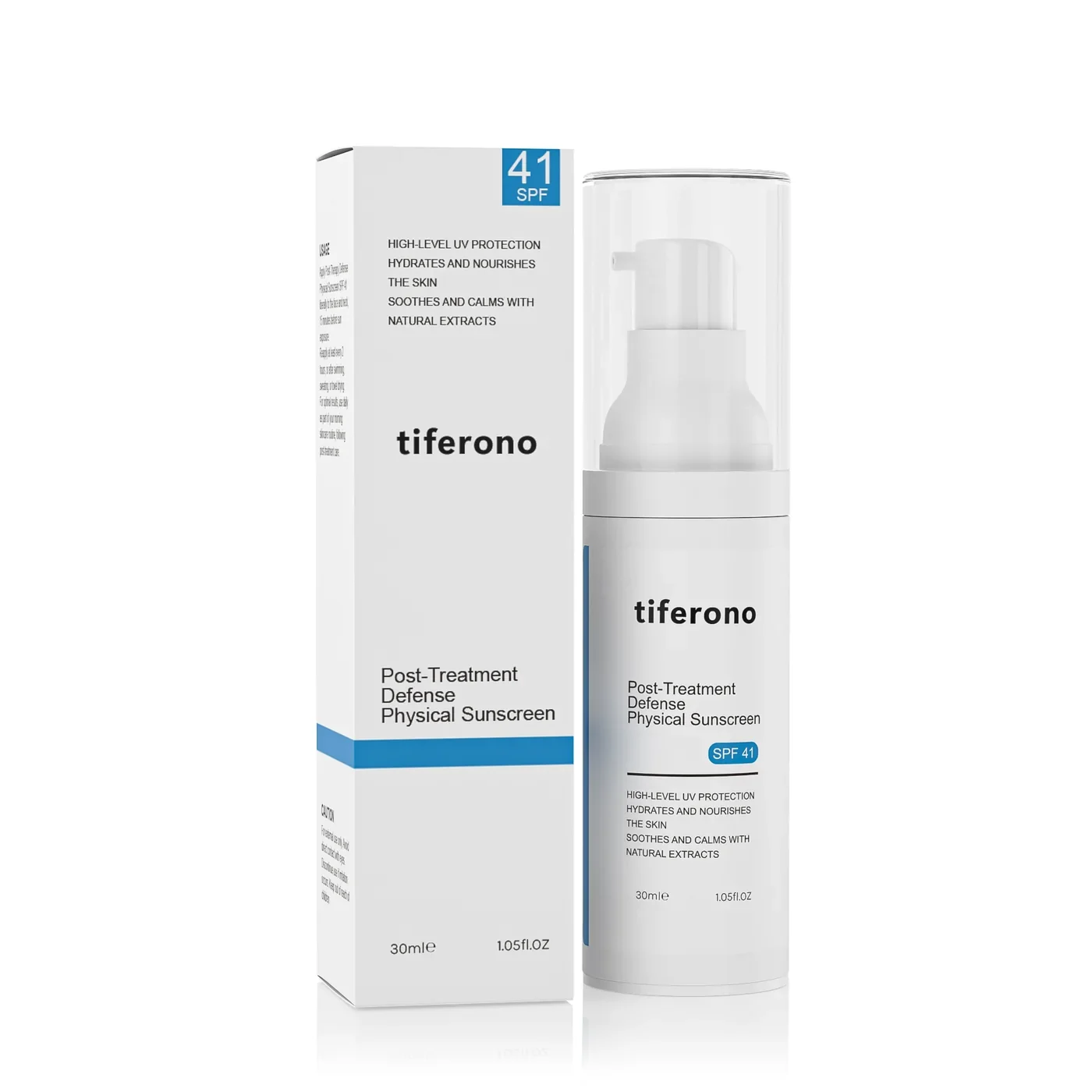 Post-Treatment Defense Physical Sunscreen SPF 41 airless pump and box in 30 ml packaging