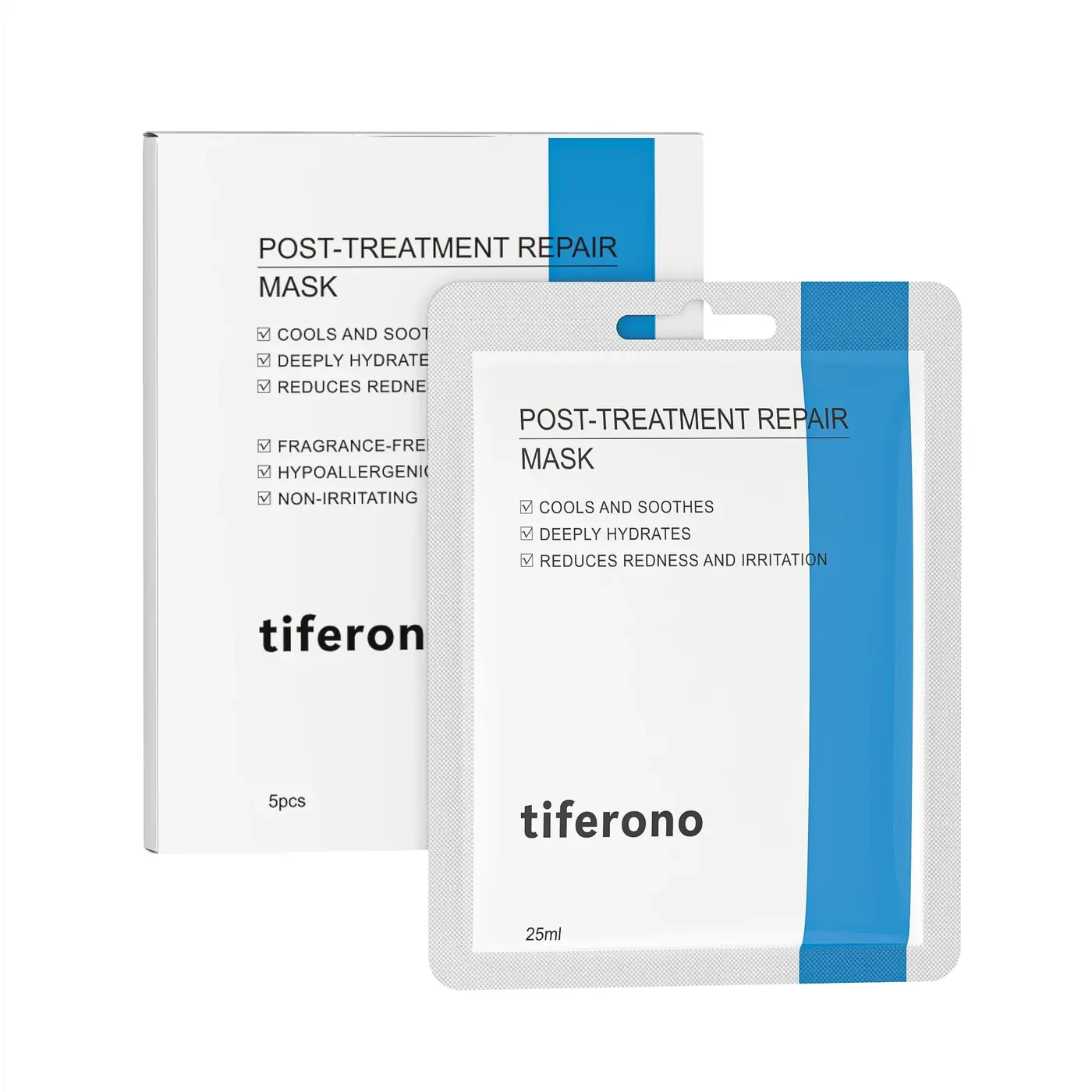 Post-Treatment Repair Mask sachet and five-piece box in 25 ml packaging