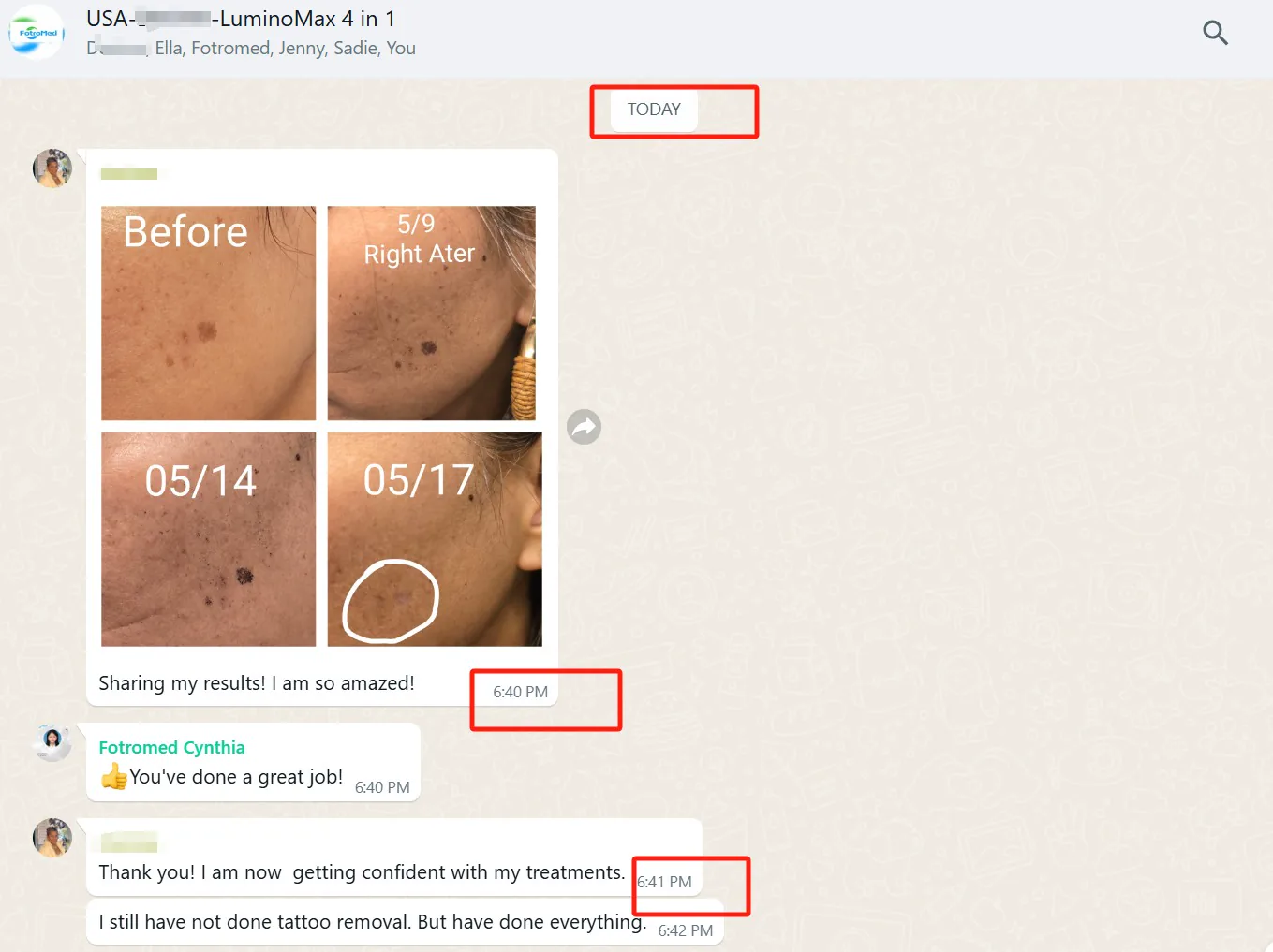 Blurred LuminoMax customer chat sharing product-use feedback after training