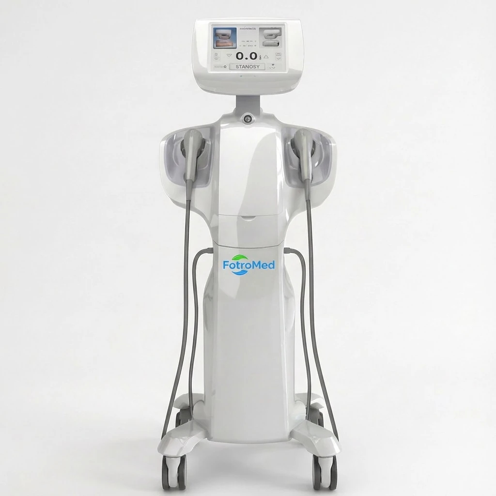 Front view of the UltraLift 7D Pro HIFU machine with touchscreen and two handpieces
