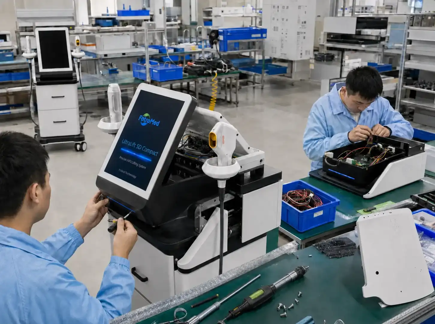 Technicians assembling a FotroHIFU UltraLift SD Compact HIFU machine