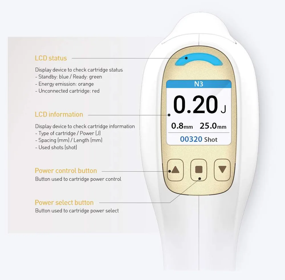 FL handpiece LCD showing cartridge status, energy, spacing, treatment length and shot controls