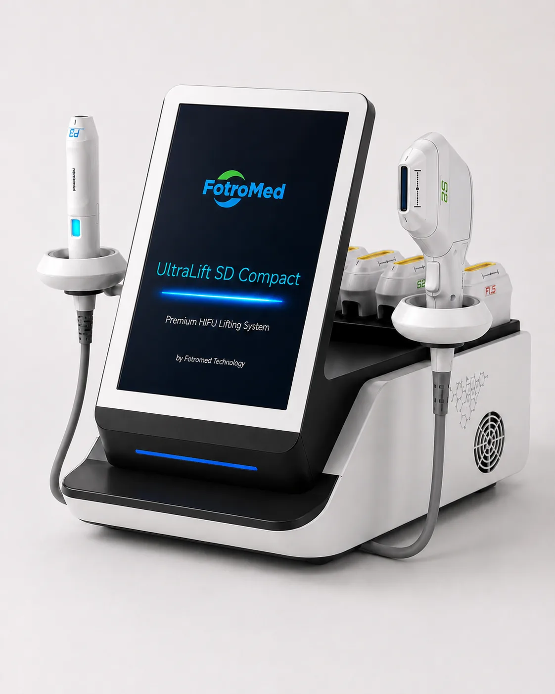Front three-quarter view of the V-Max HIFU machine with touchscreen, two handpieces and cartridges
