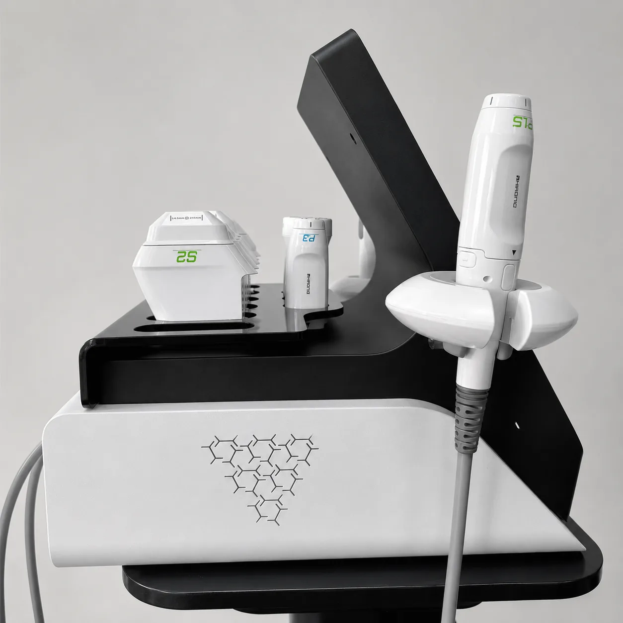 Right-side view of the V-Max HIFU machine with handpiece and cartridge holders