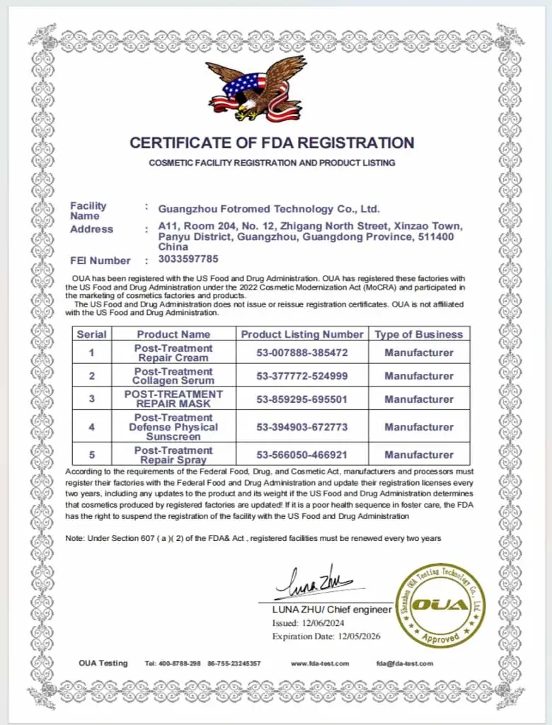 Reference image of a Fotromed cosmetics FDA facility registration certificate