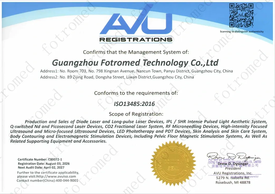 Fotromed ISO 13485:2016 certificate with HIFU devices listed in the registration scope