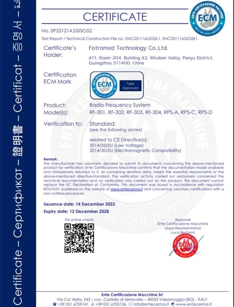 Reference image of a Fotromed radio frequency system CE certificate