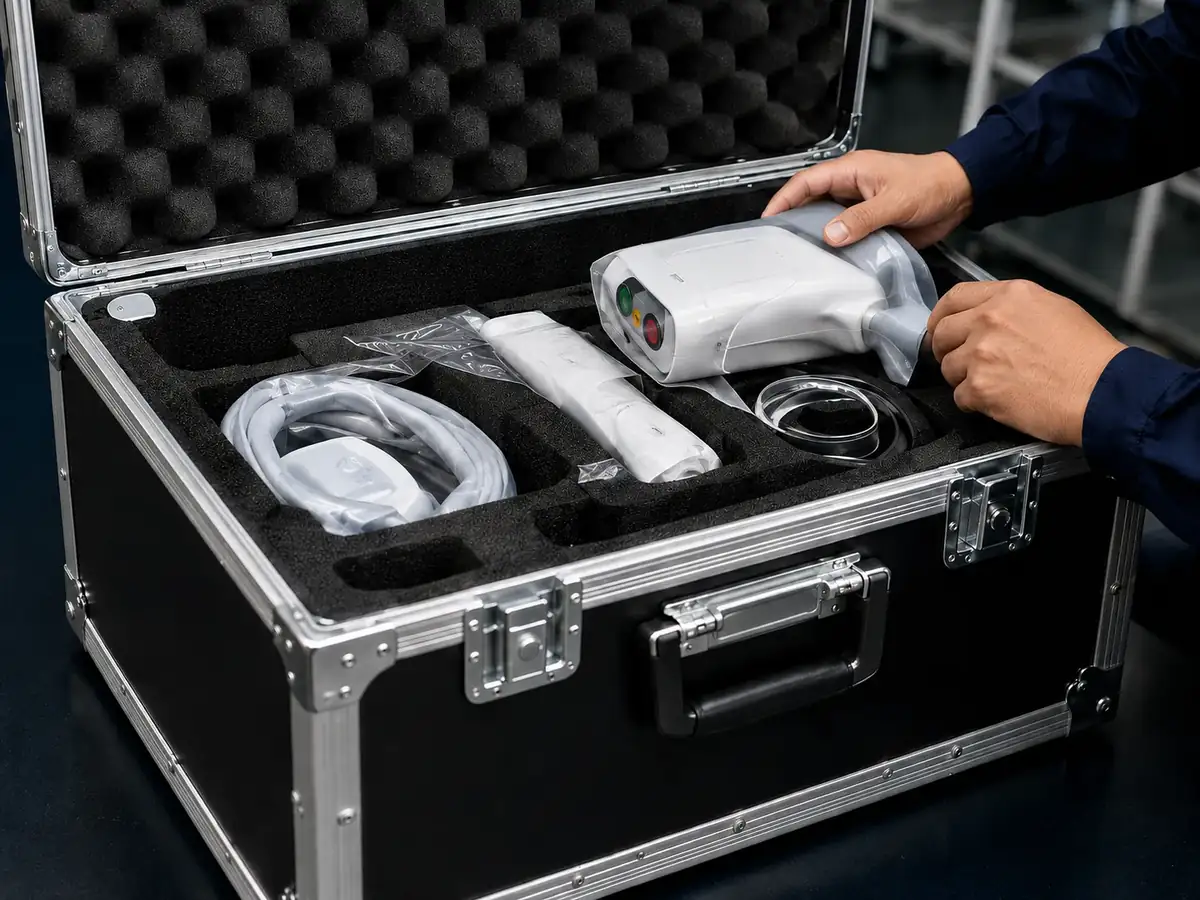 HIFU handpiece and accessories in a protective shipping case during inspection