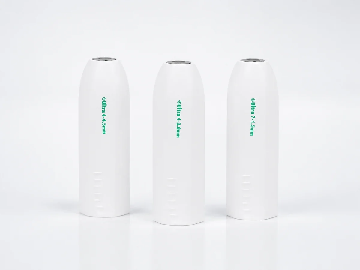 Three white HIFU V-max cartridges marked 1.5 mm, 3.0 mm, and 4.5 mm