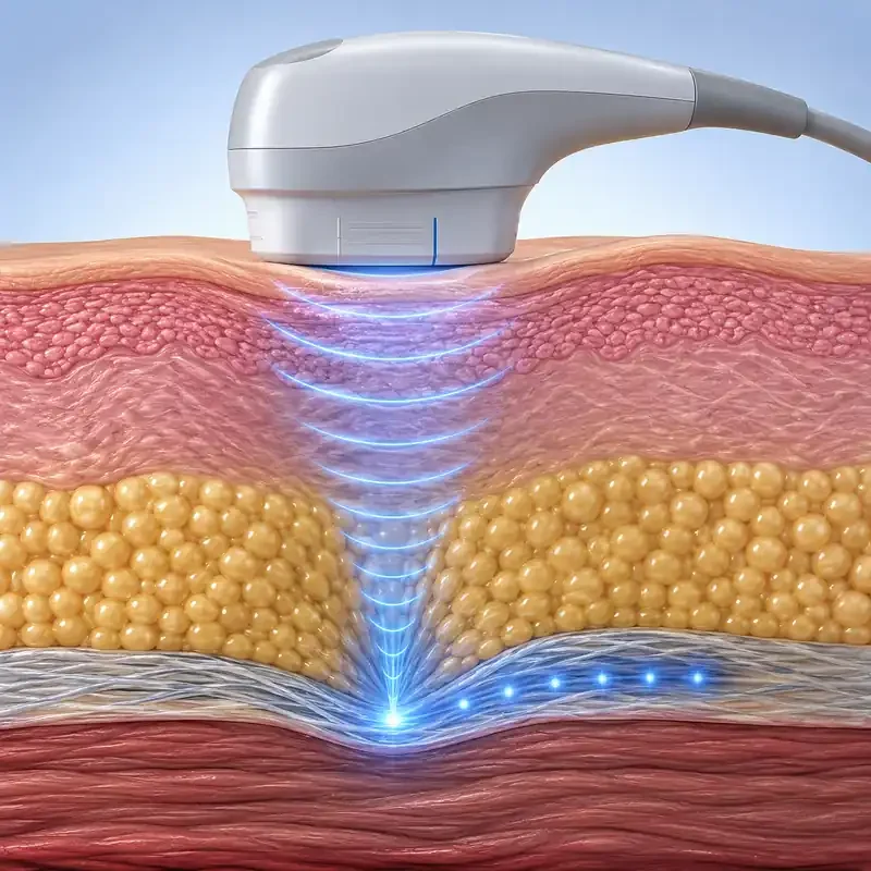 Professional HIFU machine delivering focused ultrasound energy to targeted tissue depths
