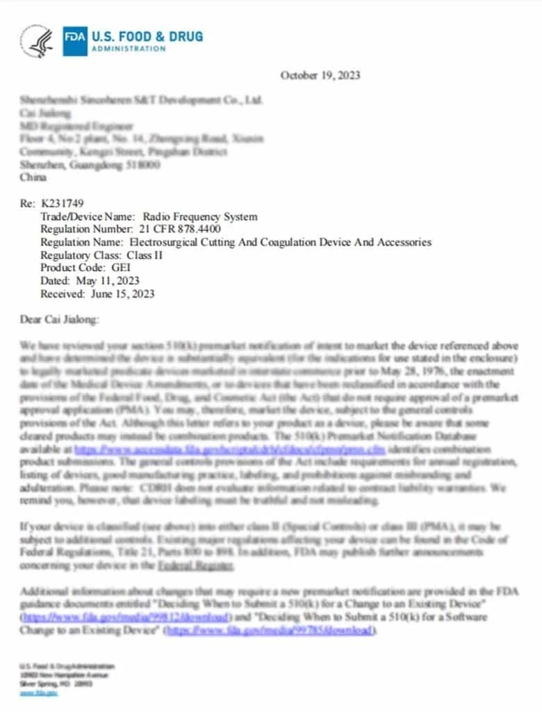 Reference image of a third-party FDA 510(k) clearance letter for a radio frequency system