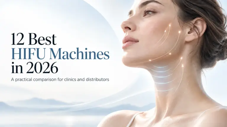 12 best HIFU machines in 2026 for clinics and distributors, illustrated with facial and neck lifting arrows.