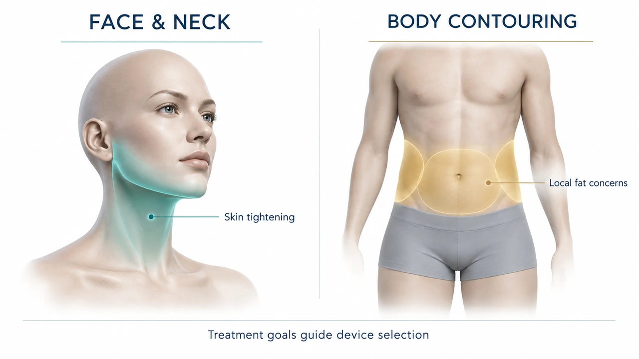 Illustration of face and neck skin-tightening goals and local abdominal and flank contouring concerns