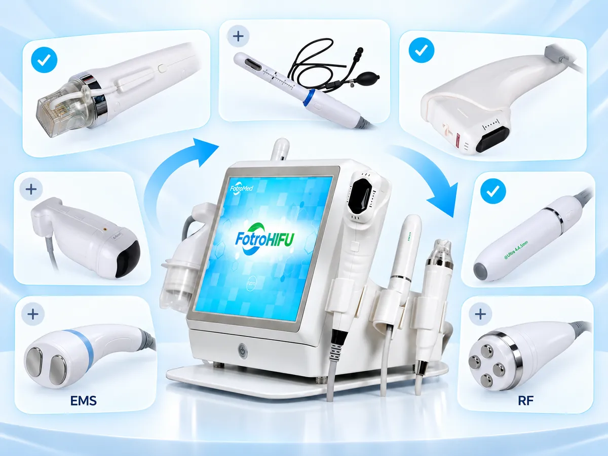 FotroHIFU Max handpiece customization showing HIFU, RF microneedling, EMS and RF-only options