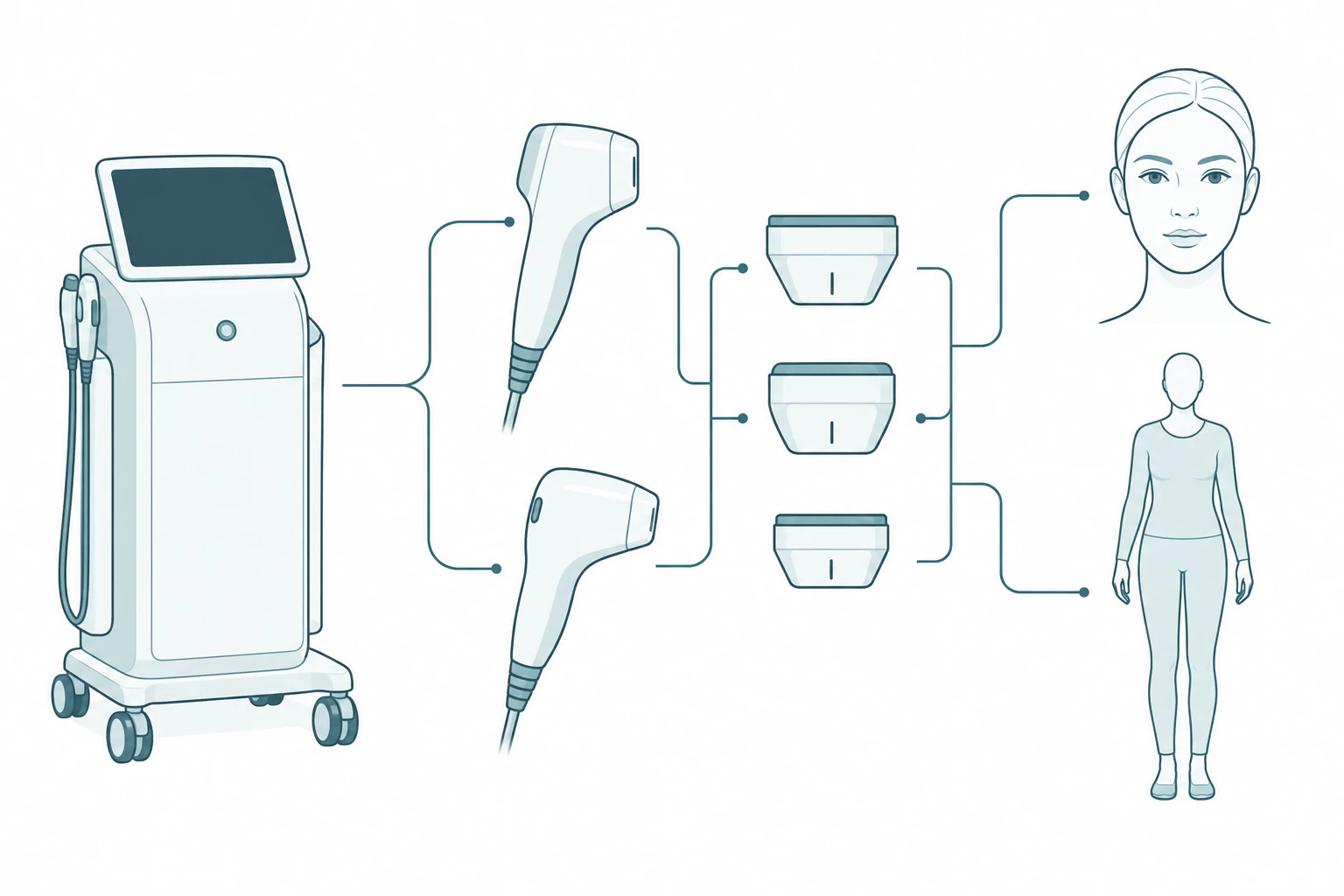 Conceptual HIFU console, handpieces and cartridges connected to face and body applications