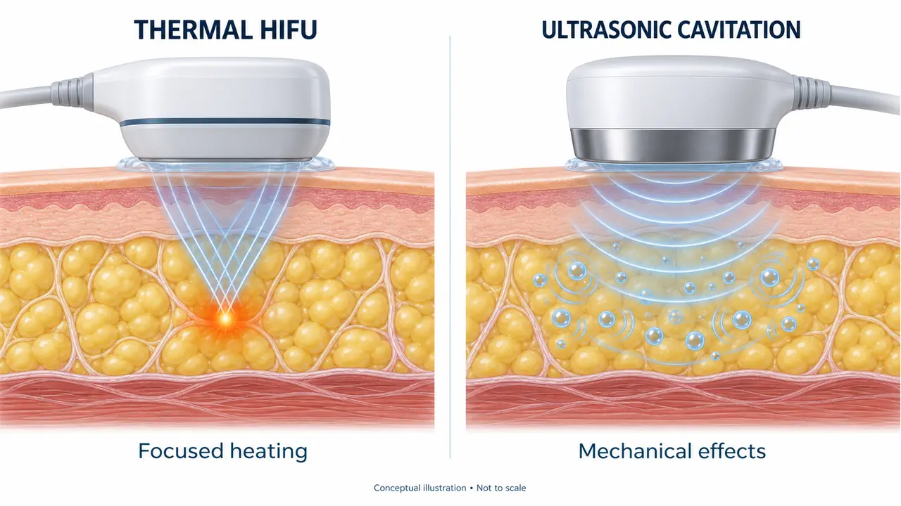 Tissue cross-sections comparing thermal HIFU focal heating and ultrasonic cavitation mechanical effects