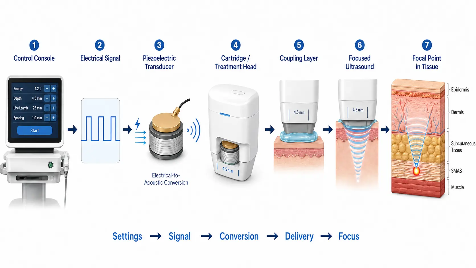 How HIFU focuses ultrasound energy through the transducer and treatment head at a focal zone in tissue