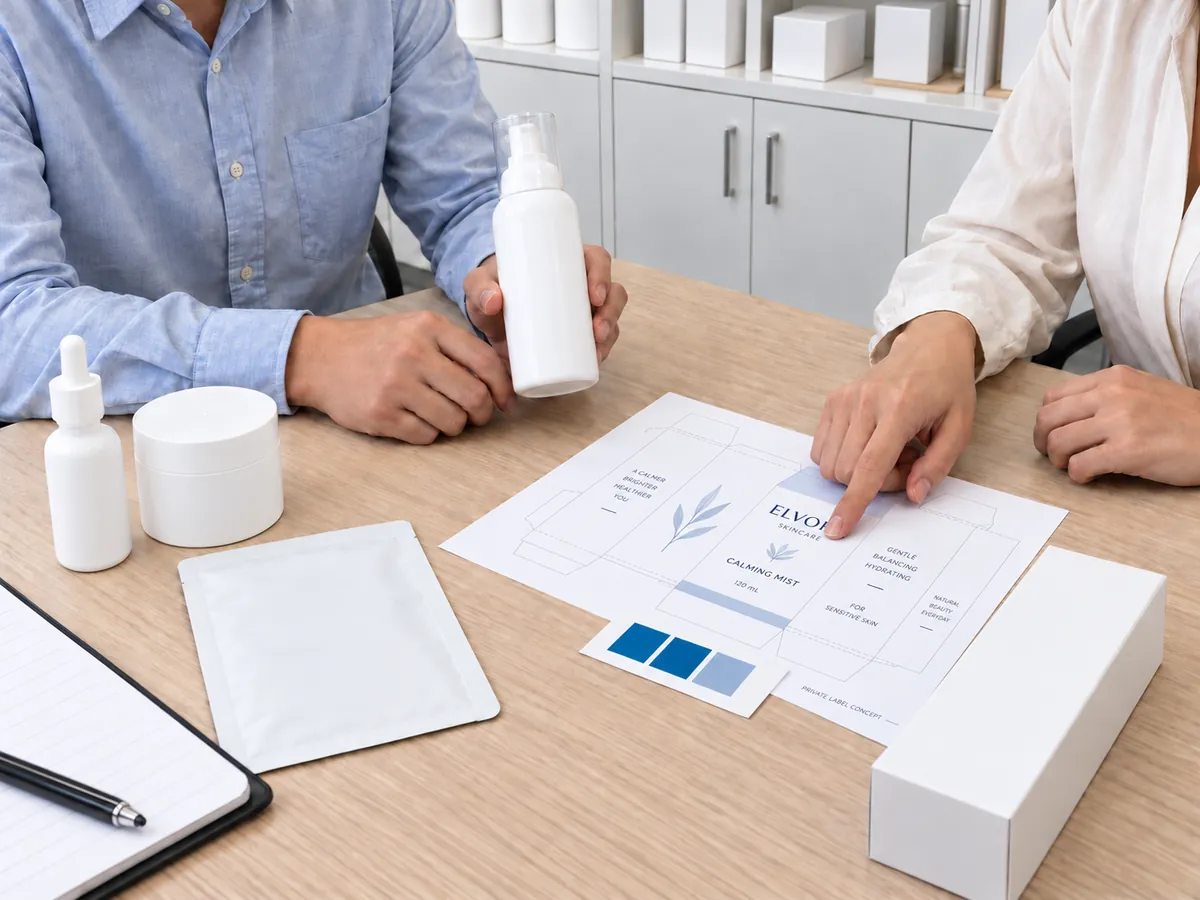 Two people reviewing skincare packaging designs and unbranded product samples